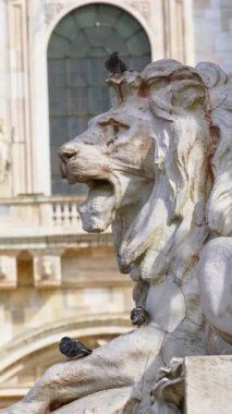 İtalya 'nın Milano kentindeki Duomo Meydanı' nda gündüz vakti bir aslan heykelinin önünde. Dikey