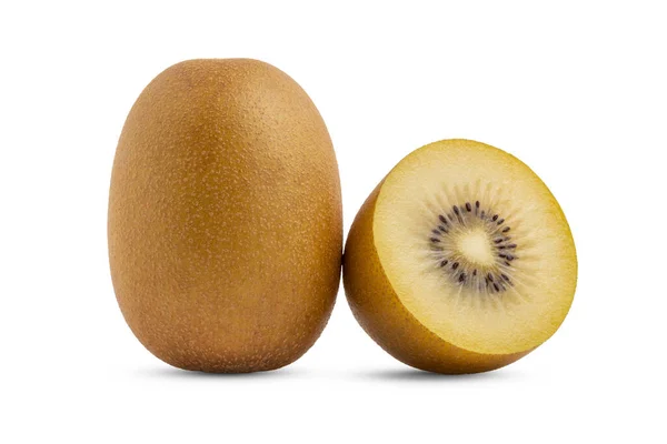 Gehele Half Gesneden Gele Kiwi Geïsoleerd Witte Achtergrond — Stockfoto