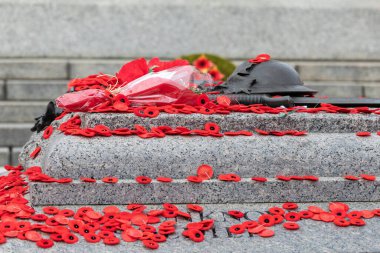 Ottawa, Kanada 'da Meçhul Asker' in Mezarı Kırmızı gelincik çiçek rozetleriyle Anma Günü