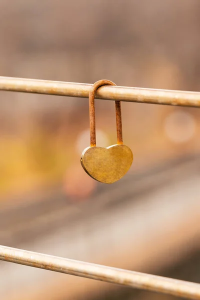 Herzförmiges Liebesschloss Hängt Herbst Brücke Konzept Von Liebe Und Beziehung — Stockfoto