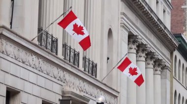 Kanada 'nın Ottawa şehir merkezindeki Sparks Caddesi' ndeki tarihi binada Kanada bayrakları.
