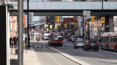 Ottawa, Kanada - 11 Kasım 2022: Güneşli yaz gününde Ottawa, Rideau caddesinde halk otobüsü