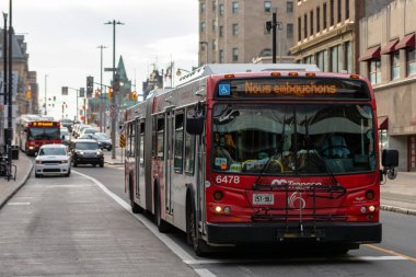 Ottawa, Kanada - 10 Kasım 2022: Şehir merkezinde halk otobüsü yolda