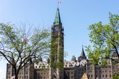 Bahar mevsiminde ağaçları olan parlamento binası