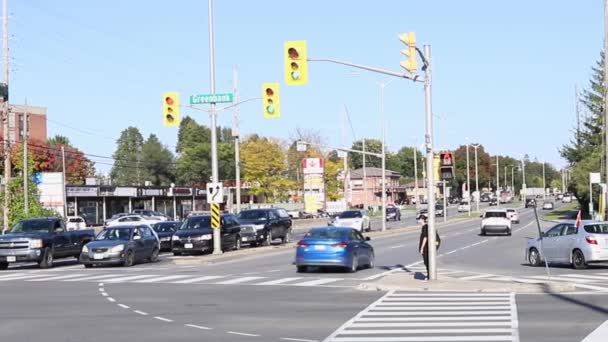 カナダ オタワ 2021年10月6日 オタワのベースライン道路とグリーンバンク道路を横断し 晴れた日には信号機 横断歩道 道路上の車が秋の季節になる — ストック動画