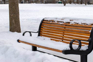 Snowfall in winter. Bench covered with snow in city park. Snowy cold weather