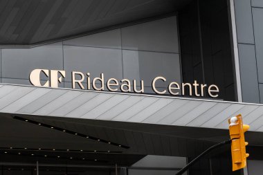 Rideau Centre shopping mall entrance sign in downtown of Ottawa, Canada on January 23, 2023