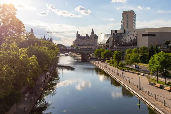 stock image Ottawa, Canada - June 4, 2024: Rideau Canal, Parliament, Laurier Castle and Shaw Centre