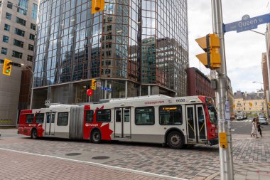 Ottawa, Kanada - 1 Ekim 2024: OC Transpo halk otobüsü şehir merkezinde yolda