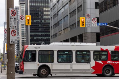 Ottawa, Kanada - 1 Ekim 2024: OC Transpo halk otobüsü şehir merkezinde yolda