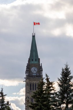 Kanada, Ottawa 'da Kanada bayrağı taşıyan parlamento binası