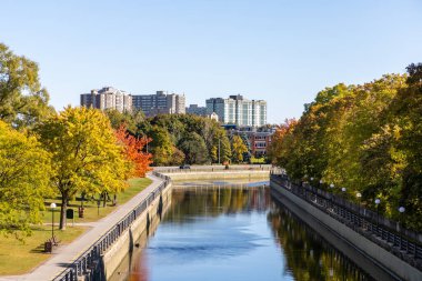 Kanada 'nın Ottawa kentindeki Rideau Kanalı sonbahar mevsimi boyunca arka planda yıkılmış ağaçlar ve konut binalarıyla doludur..