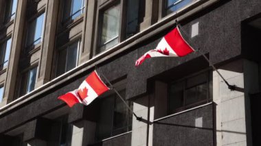 Kanada 'nın Ottawa şehir merkezindeki Sparks Caddesi' ndeki tarihi binada Kanada bayrakları