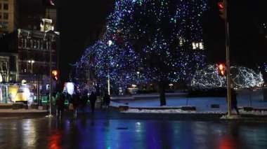 Ottawa, Kanada - 8 Şubat 2025: arabalı ve akşamları yoldan geçen insanlar. Kış festivalinde, Konfederasyon parkında kışın ağaçlarda ışıklar yanar..