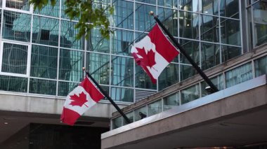 Kanada 'nın Ottawa şehir merkezindeki inşaatında Kanada bayrakları