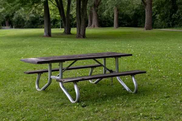 Yazın parkta yeşil çimlerin üzerinde piknik masası.