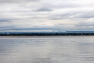 Bulutlu bir günde gökyüzü ve nehir. Yazın Riverside 'da. Kanada 'da Ottawa Nehri