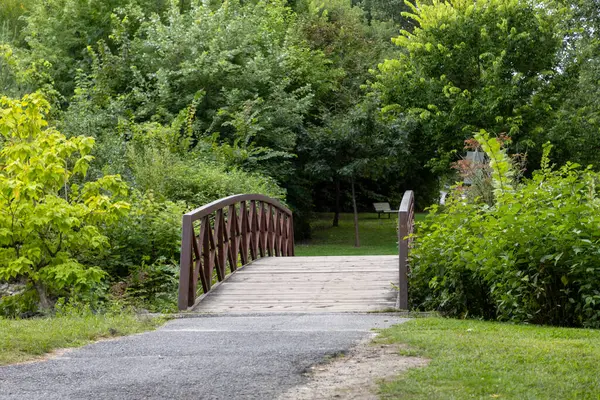 Yazın parkta küçük tahta bir köprü.