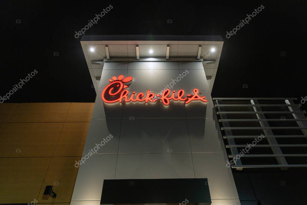 Kanata, Canada -August 30, 2024: Chick-Fil-A restaurant building at night