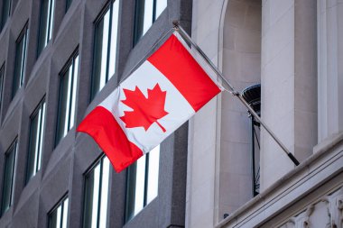Kanada 'da Ottawa, Ontario şehir merkezindeki hükümet binasında Kanada bayrağı.