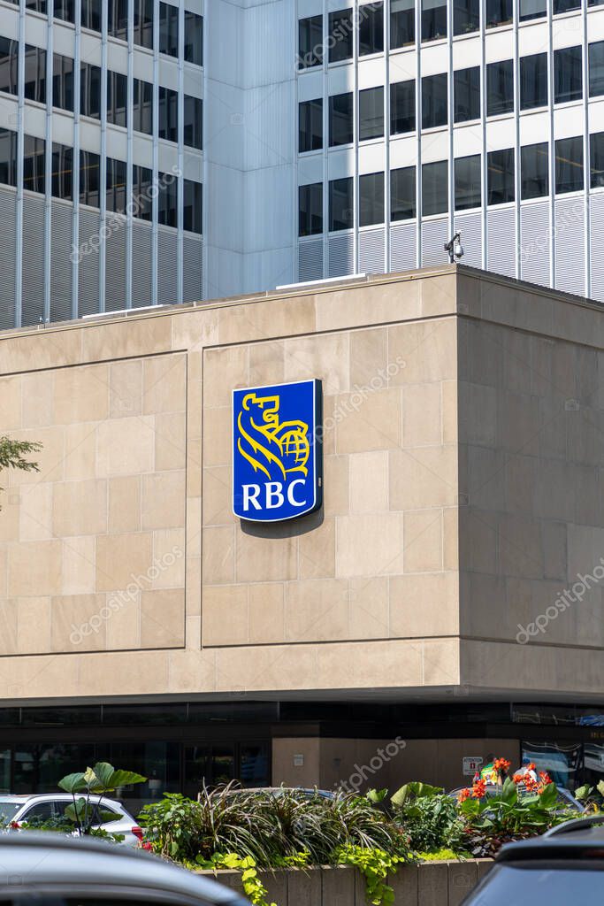 Montreal, Canada - August 2, 2025: Royal Bank of Canada sign, RBC building exterior in downtown
