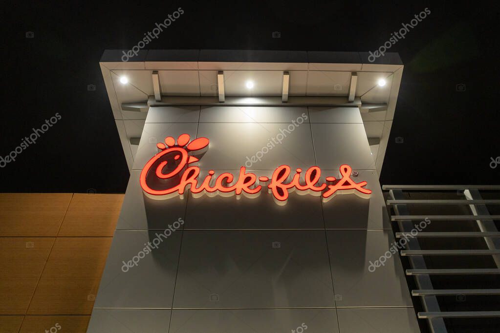 Kanata, Canada -August 30, 2024: Chick-Fil-A restaurant sign at night