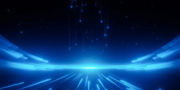 Parlayan ışık çizgileri ve düşen parçacıkların yer aldığı, yenilik, hız ve dijital teknolojiyi simgeleyen fütüristik soyut mavi arkaplan.