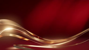 Zengin kırmızı bir gradyan üzerinde altın dalga benzeri kurdeleler ile lüks soyut arka plan, şenlik, kutlama veya kurumsal tasarımlar için ideal.