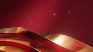 Pürüzsüz altın ve kırmızı dalgalar içeren soyut bir arka plan, koyu kırmızı bir gradyan üzerinde hafif parıltılar, lüks tasarımlar için mükemmel..