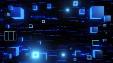 Karanlık dijital bir matriste yüzen soyut mavi parlayan küpler, teknolojiyi ve veriyi temsil ediyor.