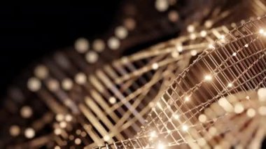 Parlayan ışıklar ve koyu bir arka plan üzerinde bokeh efektleri ile aydınlatılmış altın bir kablo yapısı içeren dinamik bir soyut kompozisyon..