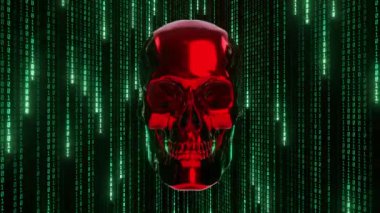 İkili kodlu hacker ekran kırmızı kafatası, ağ veri güvenlik sistemi, gelecekteki tasarım sunucusu.