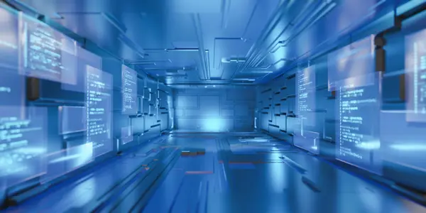 Soyut fütüristik oda teknolojisi arka planı, duvarında kaynak kodu olan.