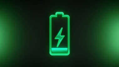 Koyu yeşil arka planda ışıklandırılmış, yıldırımlı neon yeşil pil simgesi.