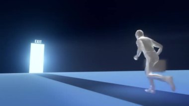 Silüet formda bir iş adamının dijital 3D 'si evrak çantası taşıyor, karanlık bir odada parlak bir çıkış tabelasına doğru koşuyor, sembolik kaçış ya da kariyer değişimi.