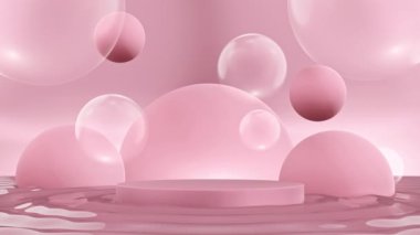Yansıtıcı su yüzeyindeki yumuşak pembe podyum, yüzen kabarcıklarla çevrili, sakin ve kadınsı bir ortamda kozmetik ürünler sergilemek için mükemmel..