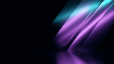 Bu resim, koyu bir arkaplan karşısında modern ve fütüristik bir ortam yaratarak mavi ve mor tonlarında aydınlatılmış geometrik şekiller içeren soyut bir tasarımı tasvir eder..