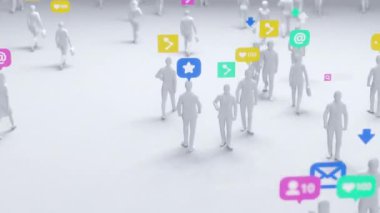 Renkli sosyal medya bildirim simgeleriyle yürüyen tek renkli 3D insan figürleri minimalist bir ortamda.