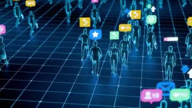 Sanal şebeke ortamında sosyal medya simgeleriyle etkileşen soyut dijital insan figürleri.