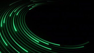 Parlak yeşil neon yuvarlak çizgileri olan soyut koyu arkaplan, gizemli ve fütürist bir tema yaratmak için ideal..