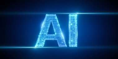 Sibernetik alanda parlayan 'yapay zeka' harflerinin gelecekteki dijital temsili, yapay zeka ve modern teknolojiyi simgeliyor..