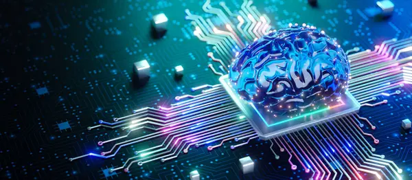 Parlayan dijital bir beyin fütüristik bir devre kartının üzerinde, semboller gelişmiş teknoloji ve yapay zekanın üzerinde yer alır..