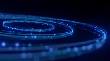 Yüksek hızlı veri iletimi ve ileri bağlantı teknolojisini temsil eden parlak mavi fiber optik dairelere sahip soyut bir arkaplan.