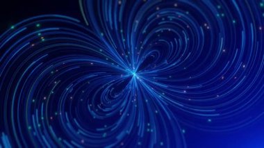 Parıldayan parçacıklar, somutlaştırıcı enerji akışı ve dijital hareketle dönen mavi neon ışığın büyüleyici bir arka planı.
