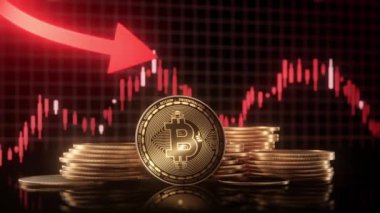 Altin Bitcoin sikkeleri bir ok ile alçalan kırmızı çizgi grafigi önünde, kripto para piyasalarindaki dalgalanmayi ve azalmayi sembolize eder..