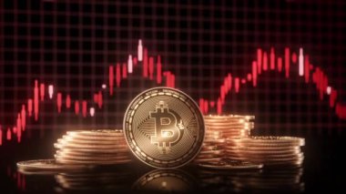 Altın Bitcoin paraları, dijital para birimi piyasalarının uçuculuğunu sembolize eden, alçalan kırmızı çizgi grafiğinin önünde birikiyor..
