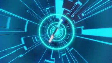 Neon mavi ışıklar ve dijital modellerle çevrili bir Bitcoin para, kripto para ve teknolojik yeniliğin entegrasyonunu sembolize eder..