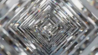 Bir dizi katmanlı kristal şekiller, ışığı yansıtır ve kırar, karmaşık geometrik desenler ve gökkuşağı renkleri yaratır..