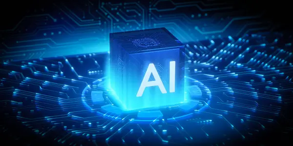 Parlayan devre kartında yapay zeka teknolojisinin gücünü ve yeniliğini gösteren canlı bir yapay zeka küpü..