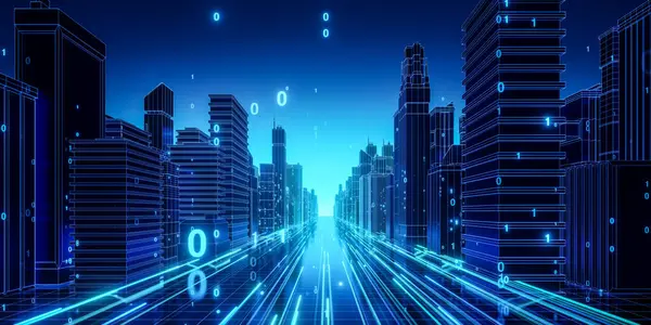 Sanal bir ortamda ikili kod ve gelişmiş teknolojinin yer aldığı, neon ışıklarıyla aydınlatılan gelecekteki dijital şehir manzarası..